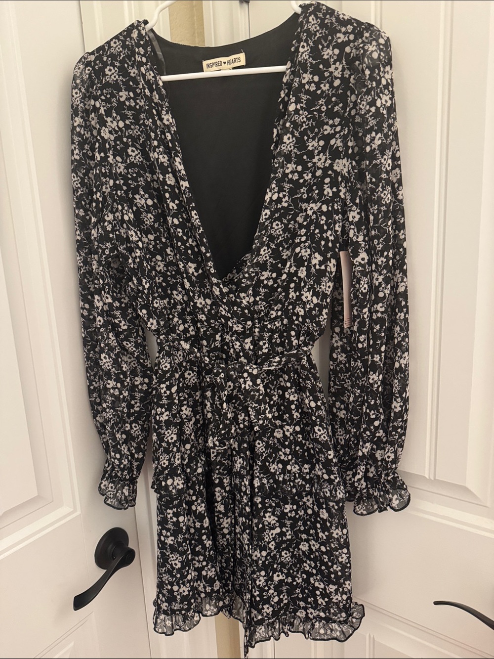 Inspired Hearts Black & White Floral Wrap Dress